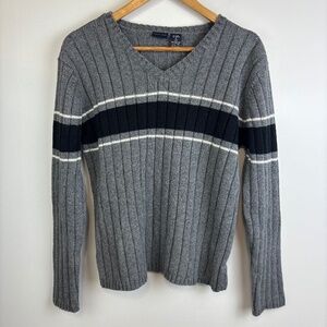 Bailey's Point Preppy V Neck Sweater Grey Striped